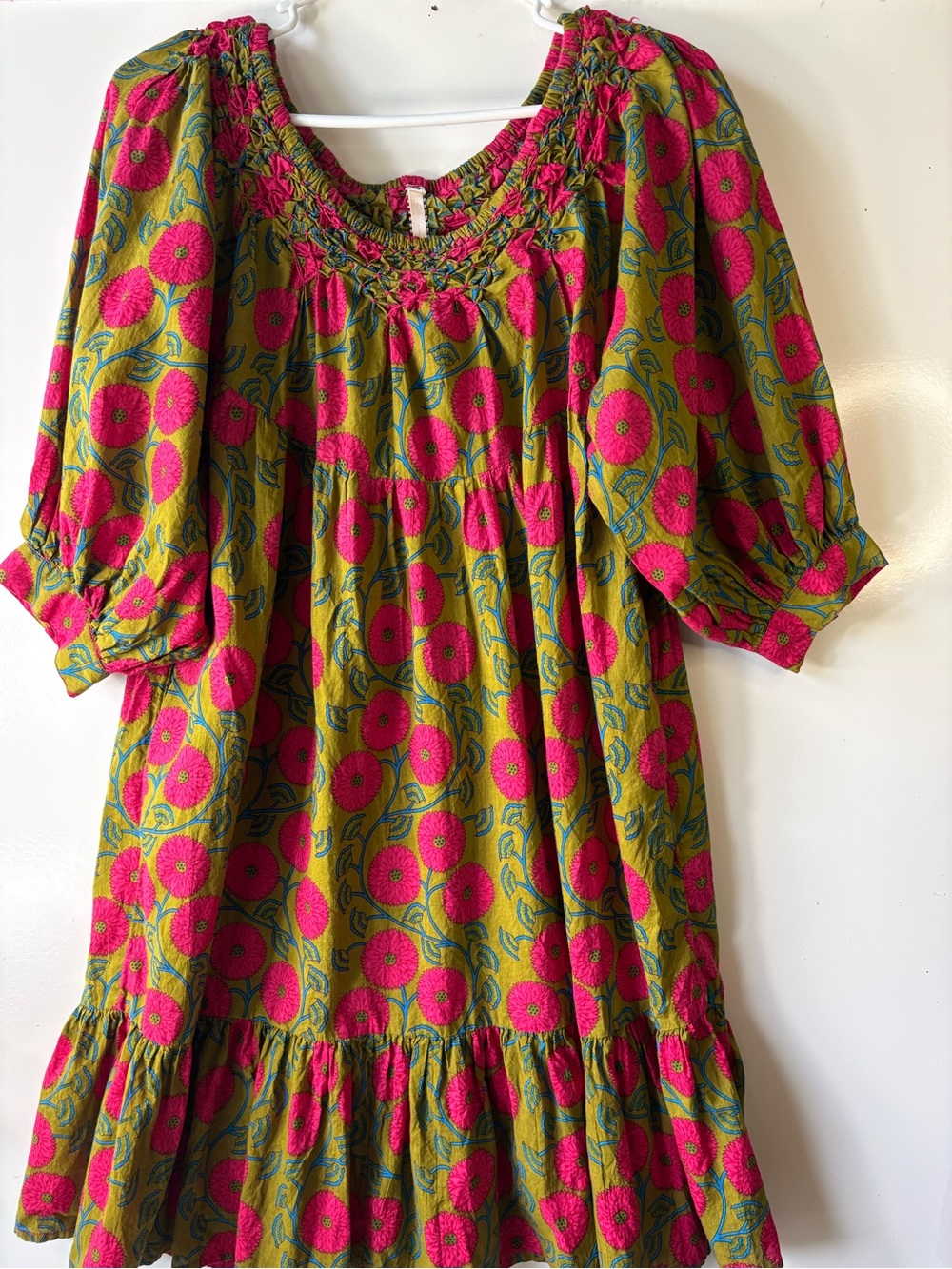 Uncle Frank Pink Floral Peasant Dress with Olive Green Base